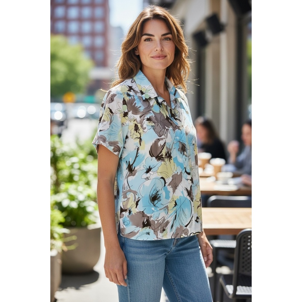 Womens Floral Print Short Sleeve Tropical Hawaiian Button Up Blouse Top Blue